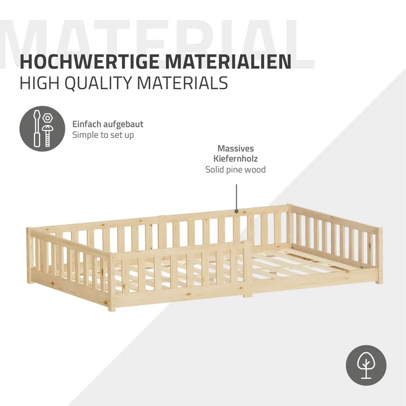 Kinderbett 120x200 cm mit Lattenrost und Rausfallschutz Natur Kiefernholz ML-Design