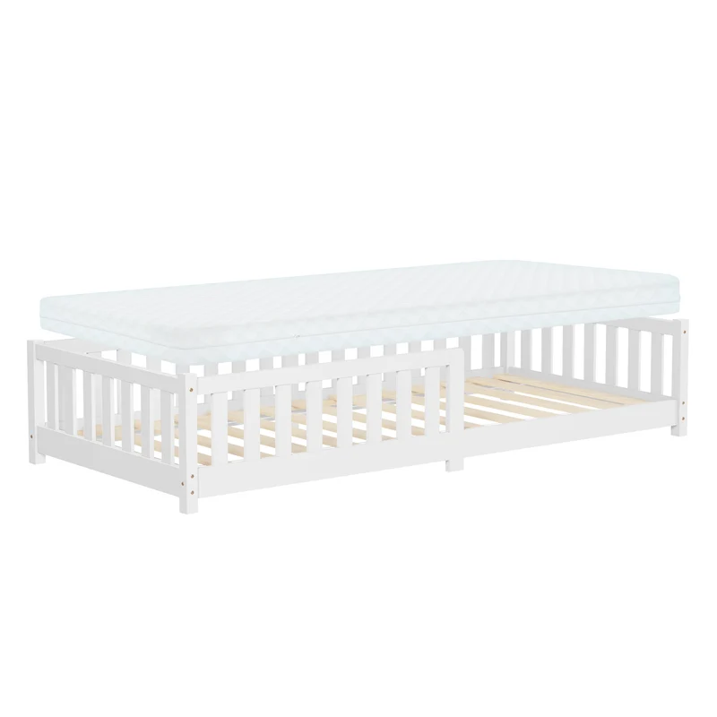 Kinderbett 90x200 cm mit Lattenrost Rausfallschutz und Matratze H-10 cm Weiß Kiefernholz ML-Design