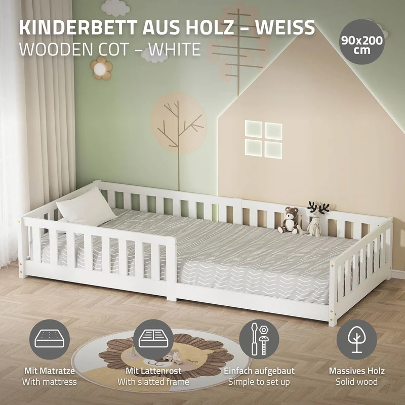 Kinderbett 90x200 cm mit Lattenrost Rausfallschutz und Matratze H-10 cm Weiß Kiefernholz ML-Design