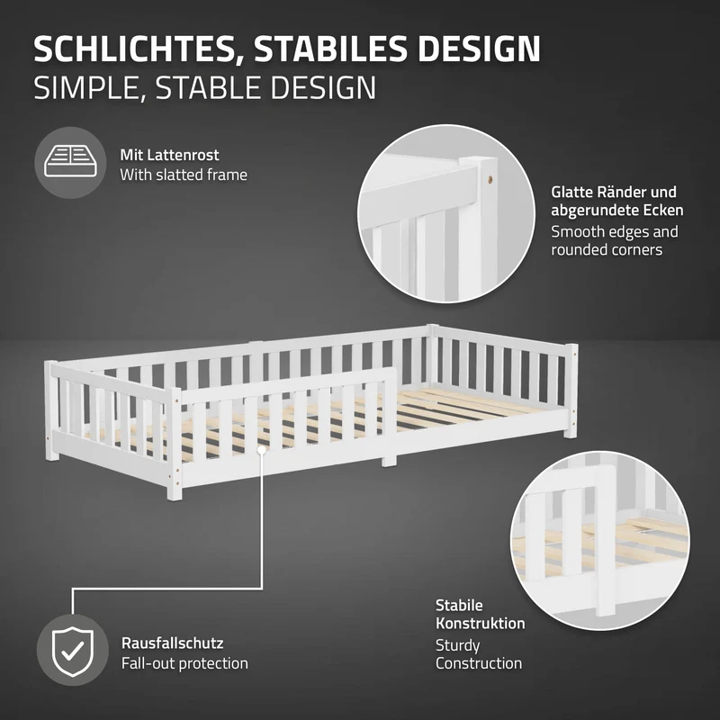 Kinderbett 90x200 cm mit Lattenrost Rausfallschutz und Matratze H-10 cm Weiß Kiefernholz ML-Design
