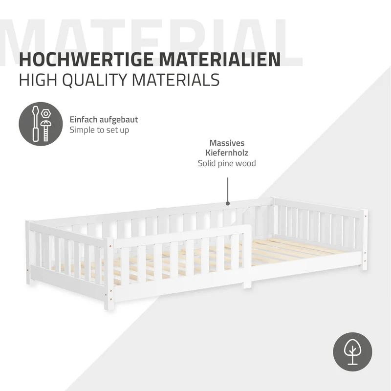 Kinderbett 90x200 cm mit Lattenrost Rausfallschutz und Matratze H-10 cm Weiß Kiefernholz ML-Design