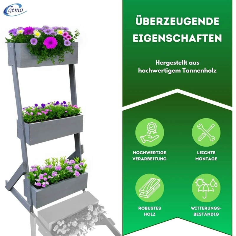 Coemo Vertikalbeet Petra aus Holz Hochbeet 3 Etagen Kästen höhenverstellbar und neigbar