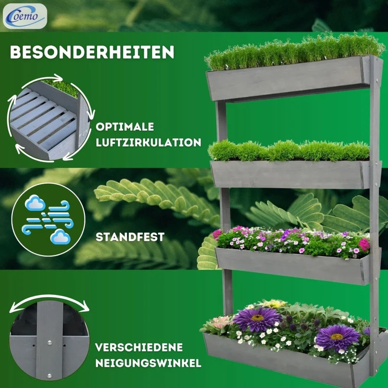 Coemo Vertikalbeet Vera aus Holz Hochbeet 4 Etagen Kästen höhenverstellbar und neigbar