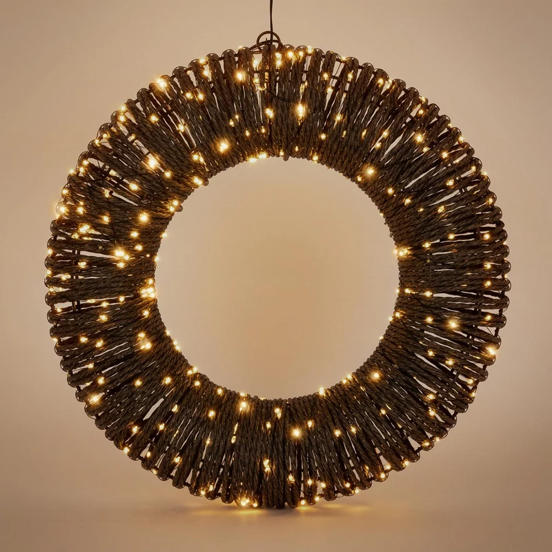 ECD Germany | LED Weihnachtskranz Metall/Seil Warmweiß Weihnachtsdeko mit Lichterkette Timer Lichterkranz Weihnachtsbeleuchtung Außen