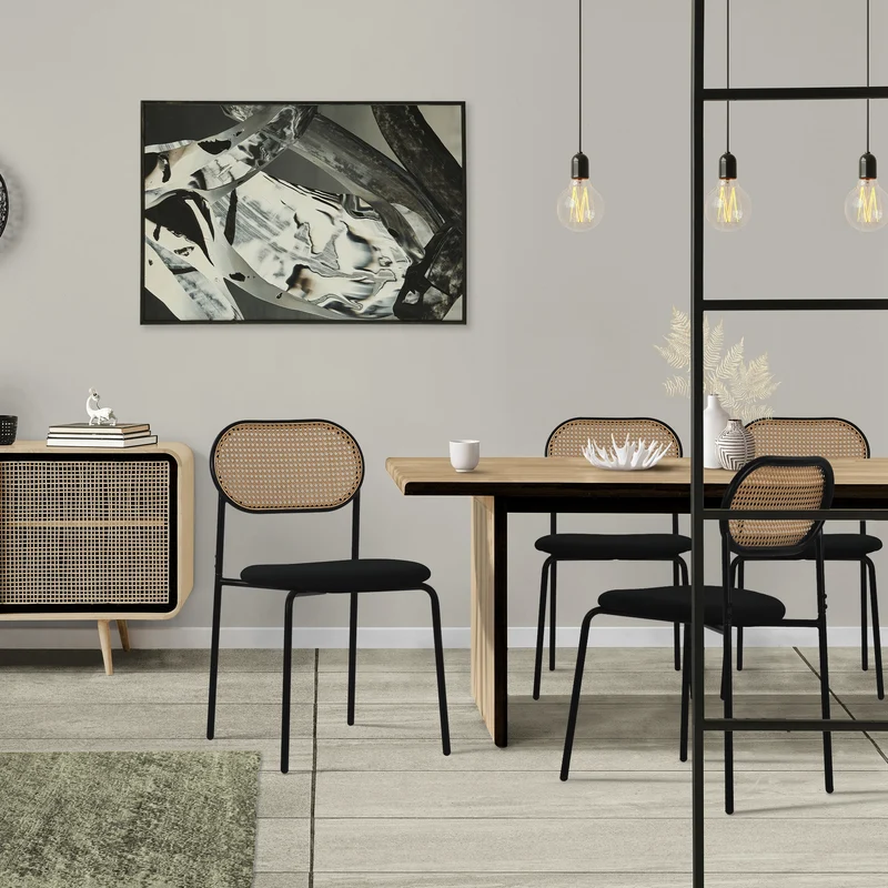B-Ware Esszimmerstuhl 2er Set Schwarz bis 120 kg Rattan Rückenlehne ML-Design