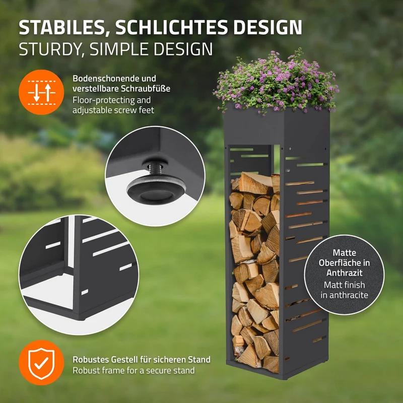 ML-DESIGN | Kaminholzregal Außen mit Pflanzkasten 30x30x111 cm Stahl verzinkt Anthrazit Brennholzregal Metall Holzstapelhilfe wetterfest Holzlager