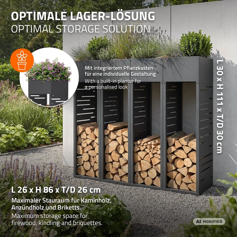 ML-DESIGN | Kaminholzregal Außen mit Pflanzkasten 30x30x111 cm Stahl verzinkt Anthrazit Brennholzregal Metall Holzstapelhilfe wetterfest Holzlager