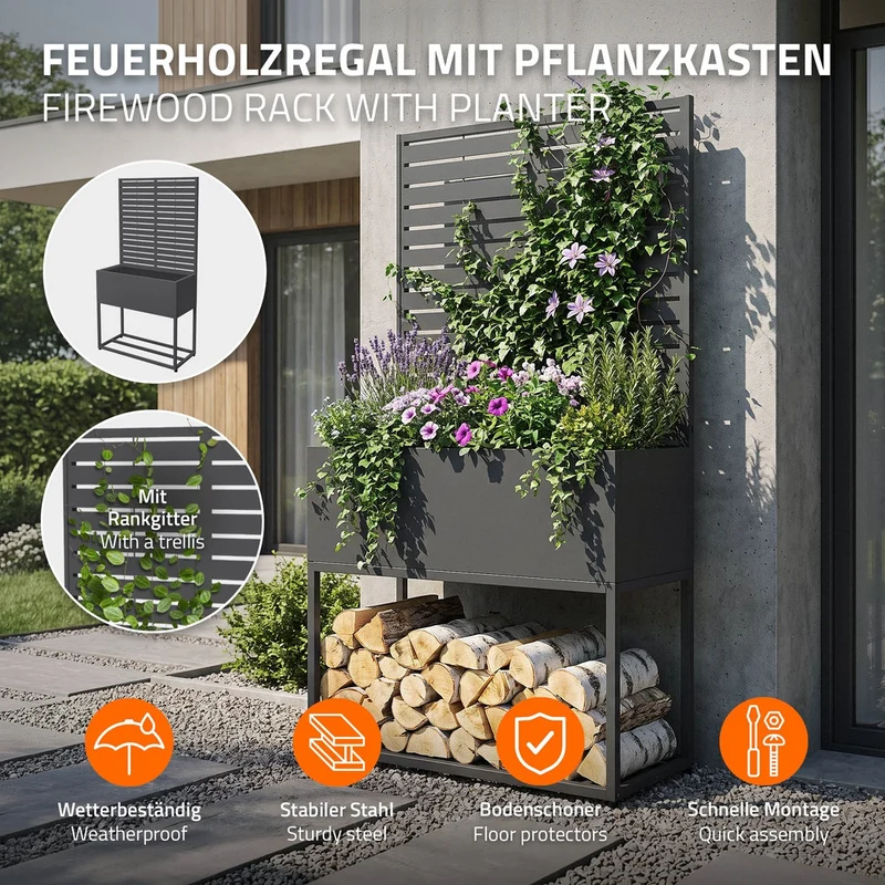 ML-DESIGN | Kaminholzregal Innen Außen mit Pflanzkasten 90x170 cm Stahl verzinkt Anthrazit Brennholzregal Metall Holzstapelhilfe wetterfest Holzlager