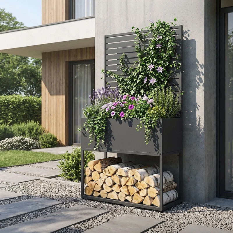 ML-DESIGN | Kaminholzregal Innen Außen mit Pflanzkasten 90x170 cm Stahl verzinkt Anthrazit Brennholzregal Metall Holzstapelhilfe wetterfest Holzlager