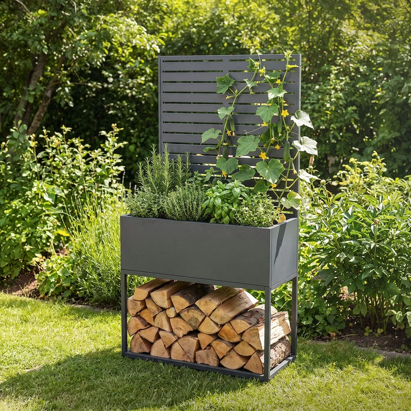 ML-DESIGN | Kaminholzregal Innen Außen mit Pflanzkasten 90x170 cm Stahl verzinkt Anthrazit Brennholzregal Metall Holzstapelhilfe wetterfest Holzlager
