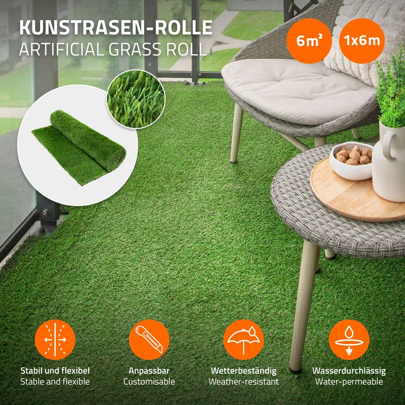 Rasenteppich Kunstrasen-Rolle 100x600 cm 6m² Grün, wetterfest, 18mm, Grasmatte Meterware, Kunstgras