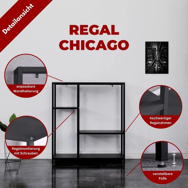 Coemo Regal Chicago Raumteiler aus Metall mit 4 Ablageflächen