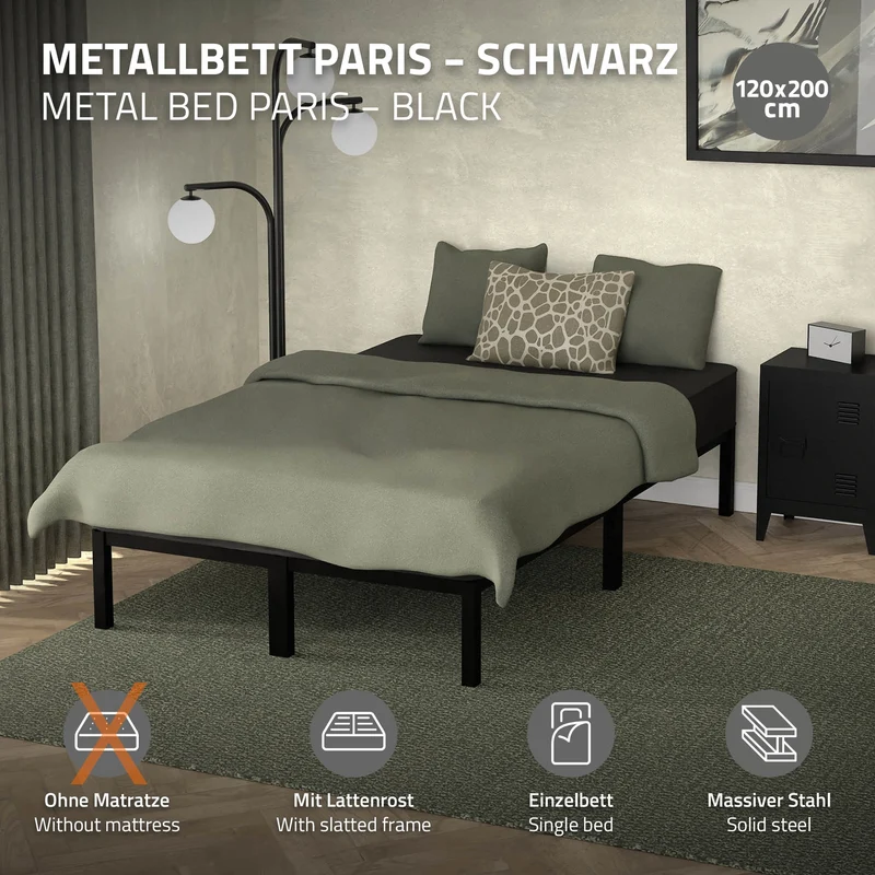 B-Ware Bettgestell Doppelbett 120x200 cm aus Metall Schwarz mit Lattenrost ML-Design