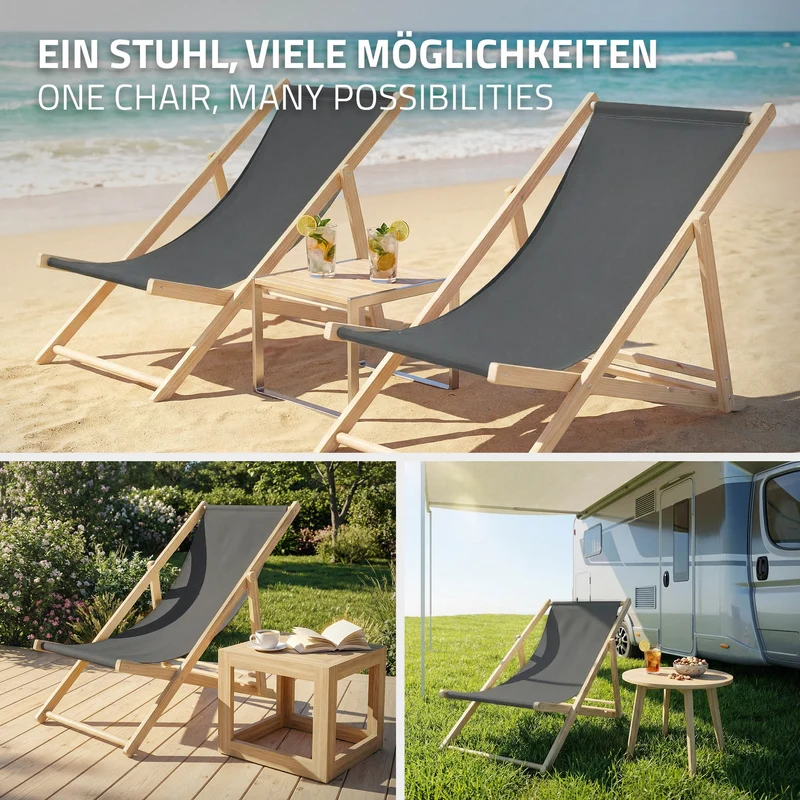 Gartenliege Holz 2er Set Beachstuhl klappbarer Strandstuhl Strandliege Campingliege Sonnenliege Anthrazit Klappliegestuhl Relaxliege