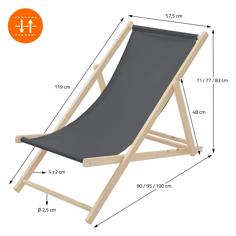 Gartenliege Holz 2er Set Beachstuhl klappbarer Strandstuhl Strandliege Campingliege Sonnenliege Anthrazit Klappliegestuhl Relaxliege