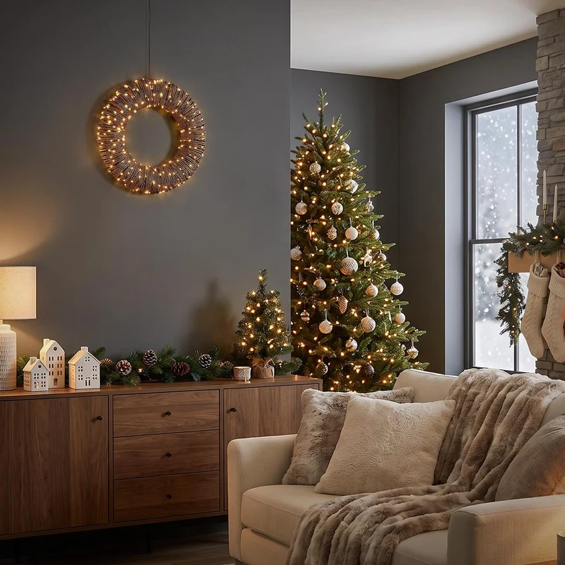 ECD Germany | LED Weihnachtskranz Ø38 cm Metall/Seil Warmweiß Weihnachtsdeko mit Lichterkette 400 LED Timer Lichterkranz Weihnachtsbeleuchtung Außen