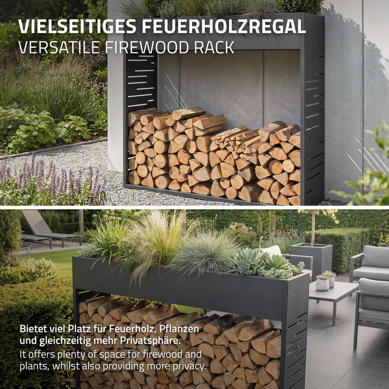 ML-DESIGN | Kaminholzregal Innen Außen mit Pflanzkasten 112x111 cm Stahl verzint Anthrazit Brennholzregal Metall Holzstapelhilfe wetterfest Holzlager