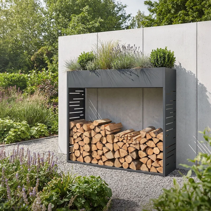 ML-DESIGN | Kaminholzregal Innen Außen mit Pflanzkasten 112x111 cm Stahl verzint Anthrazit Brennholzregal Metall Holzstapelhilfe wetterfest Holzlager