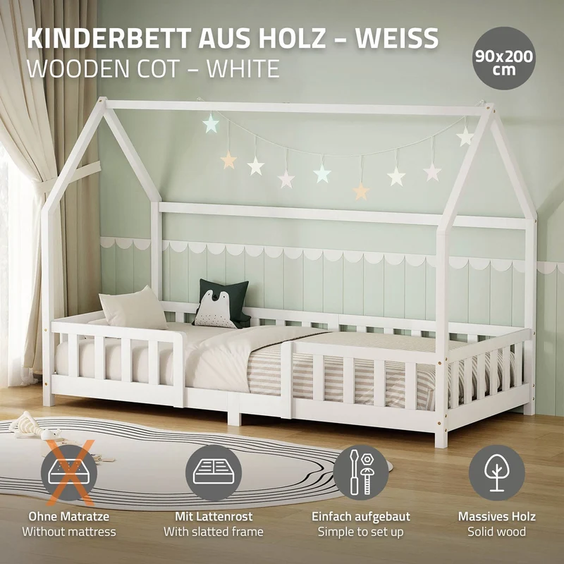 B-Ware Kinderbett Hausbett 90x200 cm aus Kiefernholz Weiß mit Rausfallschutz Dach und Lattenrost Holzbett ML-Design