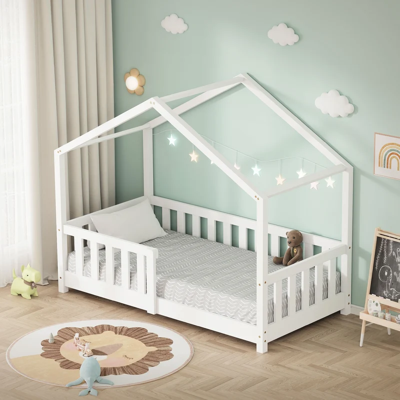 B-Ware Kinderbett Hausbett 70x140 cm Weiß aus Kiefernholz Holzbett mit Rausfallschutz und Lattenrost ML-Design