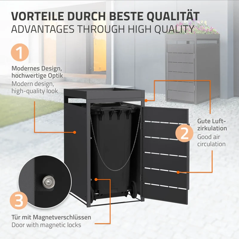 Mülltonnenbox mit Pflanzdach 1er bis 240 Liter 68x80x124 cm aus Stahl in Anthrazit ML-Design