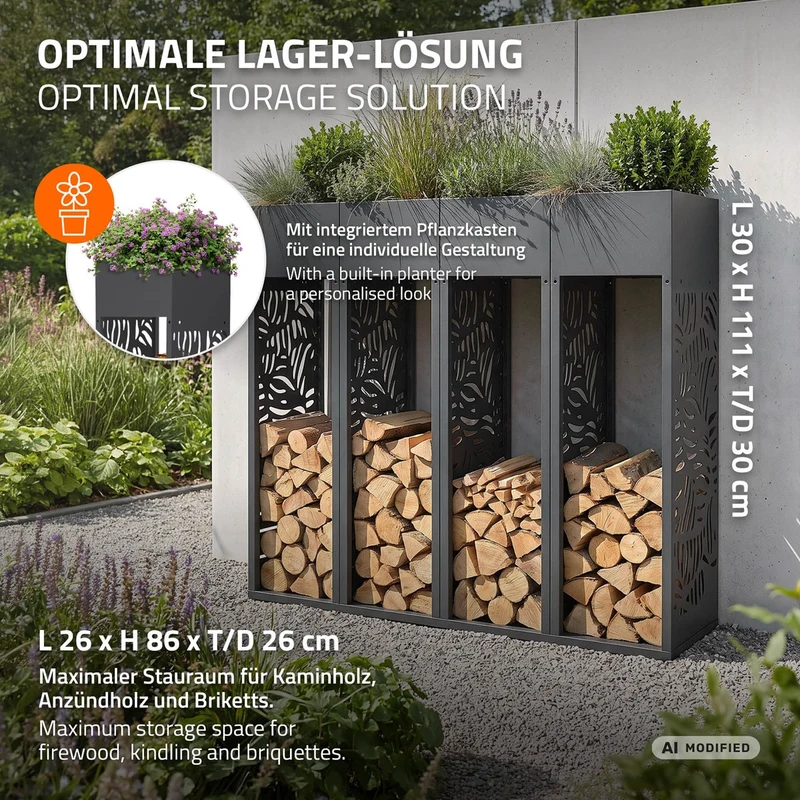 ML-DESIGN | Kaminholzregal Innen Außen mit Pflanzkasten 30x111 cm Stahl verzinkt Anthrazit Brennholzregal Metall Holzstapelhilfe wetterfest Holzlager