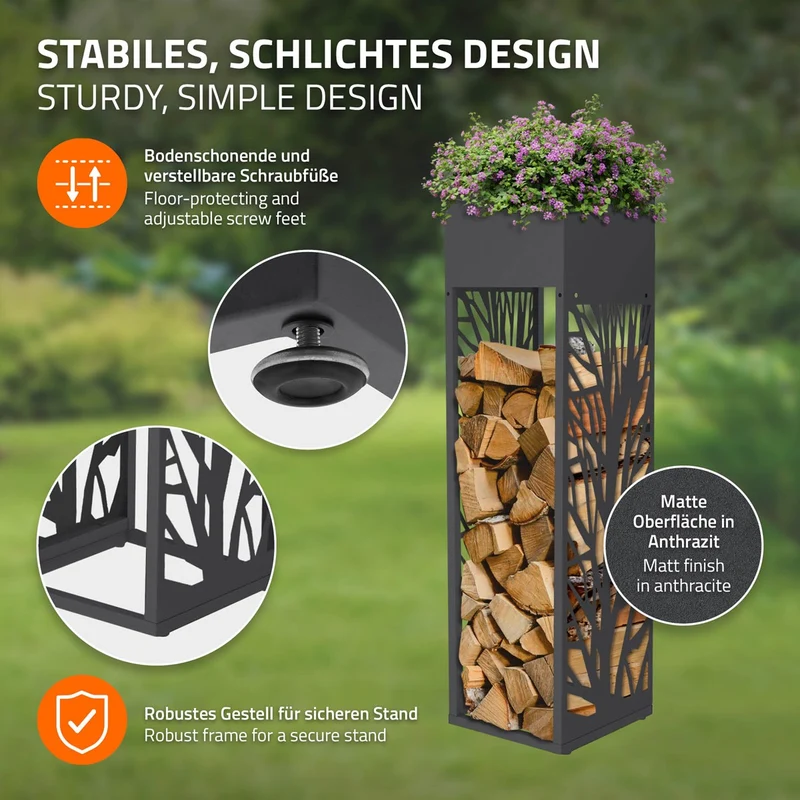 ML-DESIGN | Kaminholzregal Innen Außen mit Pflanzkasten 30x111 cm Stahl verzinkt Anthrazit Brennholzregal Metall Holzstapelhilfe wetterfest Holzlager