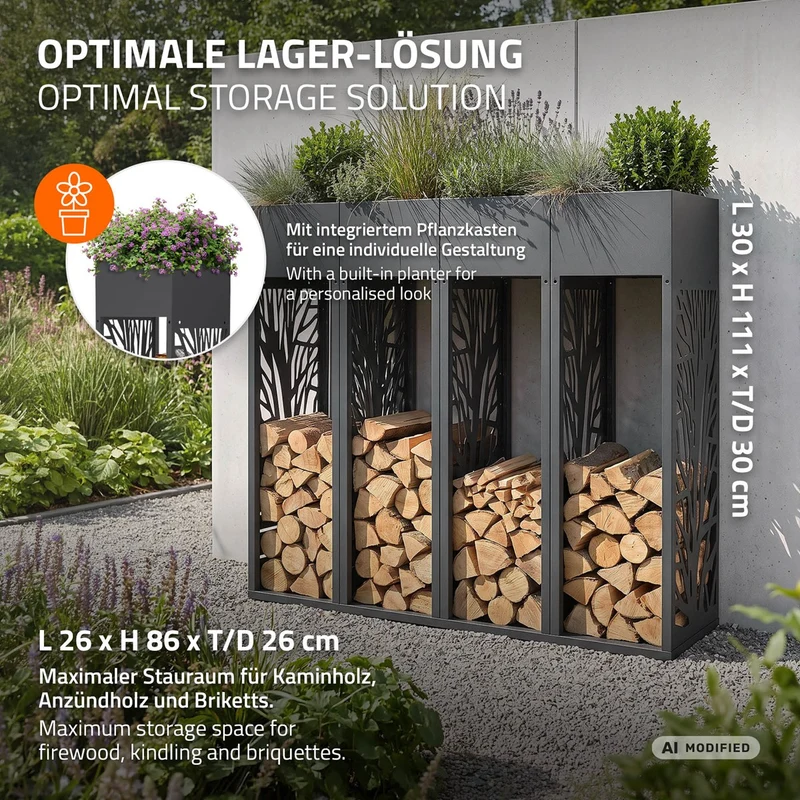 ML-DESIGN | Kaminholzregal Innen Außen mit Pflanzkasten 30x111 cm Stahl verzinkt Anthrazit Brennholzregal Metall Holzstapelhilfe wetterfest Holzlager