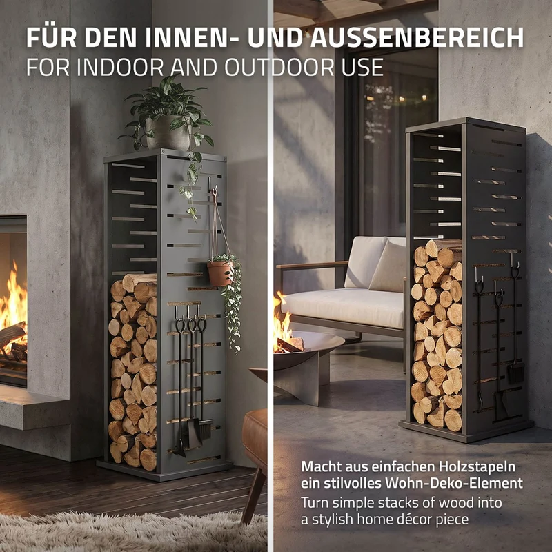 ML-DESIGN | Kaminholzregal Innen Außen 37,5x37,5x112 cm Stahl verzinkt Anthrazit Brennholzregal Metall Holzstapelhilfe wetterfest Säulen-Holzlager
