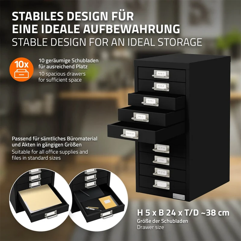 ML-Design | Aktenschrank mit 10 Schubladen 28x38x60 cm aus Stahl, Büroschrank mit Etikettenhalter