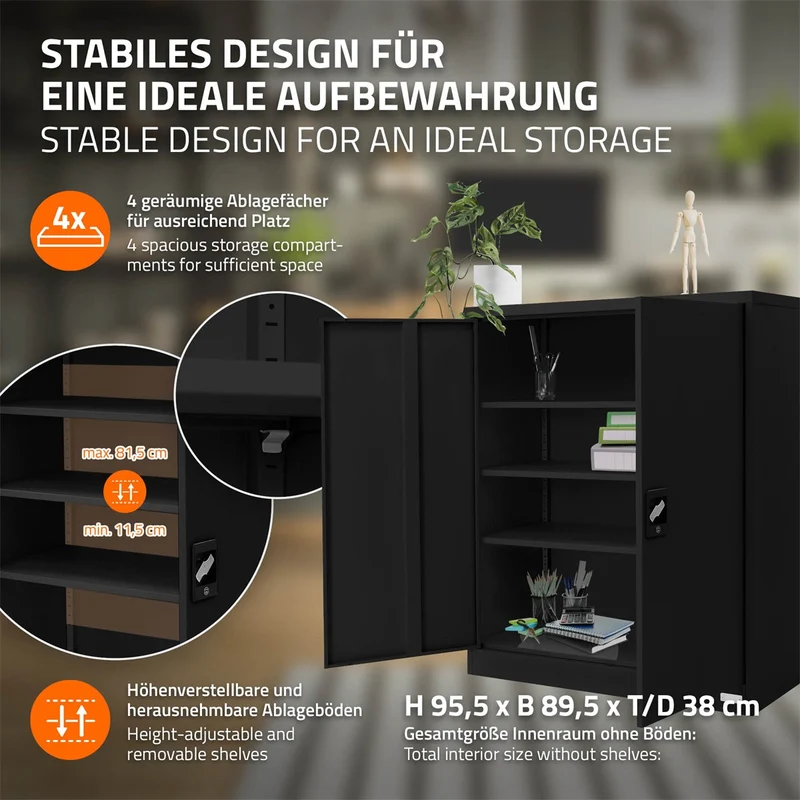 ML-Design | Aktenschrank abschließbar 90x40x109 cm aus Stahl, Büroschrank mit 2 Türen