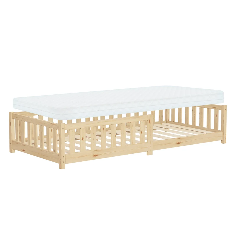 Kinderbett 90x200 cm mit Lattenrost Rausfallschutz und Matratze H-10 cm Natur Kiefernholz ML-Design