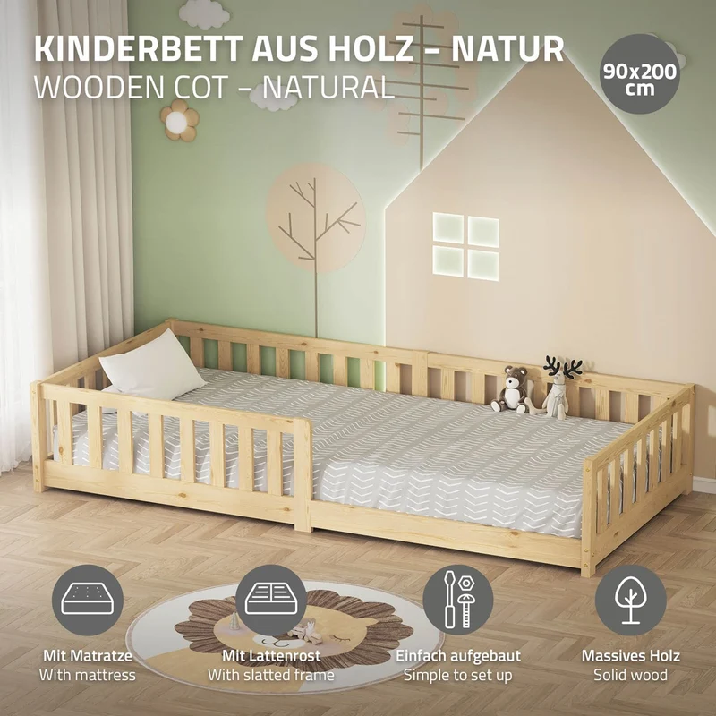 Kinderbett 90x200 cm mit Lattenrost Rausfallschutz und Matratze H-10 cm Natur Kiefernholz ML-Design