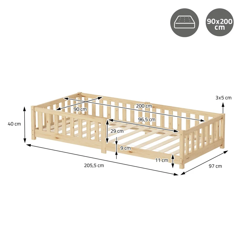 Kinderbett 90x200 cm mit Lattenrost Rausfallschutz und Matratze H-10 cm Natur Kiefernholz ML-Design