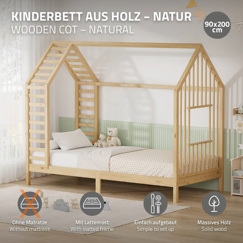 ML-DESIGN | Kinderbett mit Lattenrost aus massivem Kiefernholz 90x200 cm Natur Hausbett mit Dach & Fenster Montessori Bettgestell für Mädchen & Jungen