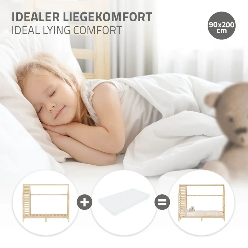 ML-DESIGN | Kinderbett mit Lattenrost aus massivem Kiefernholz 90x200 cm Natur Hausbett mit Dach & Fenster Montessori Bettgestell für Mädchen & Jungen