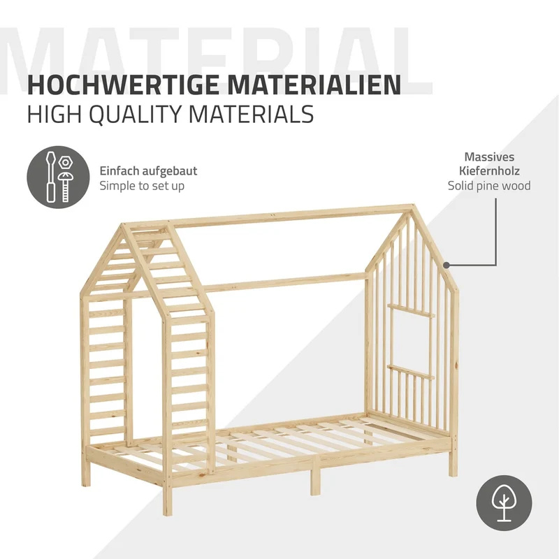 ML-DESIGN | Kinderbett mit Lattenrost aus massivem Kiefernholz 90x200 cm Natur Hausbett mit Dach & Fenster Montessori Bettgestell für Mädchen & Jungen