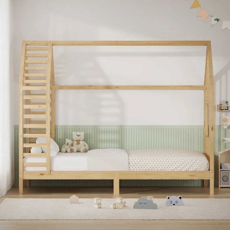 ML-DESIGN | Kinderbett mit Lattenrost aus massivem Kiefernholz 90x200 cm Natur Hausbett mit Dach & Fenster Montessori Bettgestell für Mädchen & Jungen
