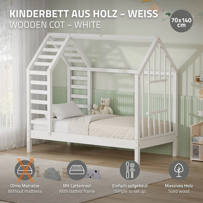 ML-DESIGN | Kinderbett mit Lattenrost aus massivem Kiefernholz 70x140 cm Weiß Hausbett mit Dach & Fenster Montessori Bettgestell für Mädchen & Jungen