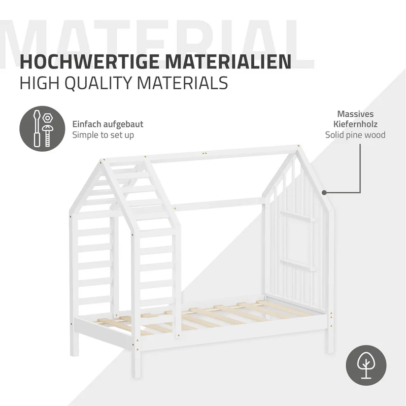 ML-DESIGN | Kinderbett mit Lattenrost aus massivem Kiefernholz 70x140 cm Weiß Hausbett mit Dach & Fenster Montessori Bettgestell für Mädchen & Jungen