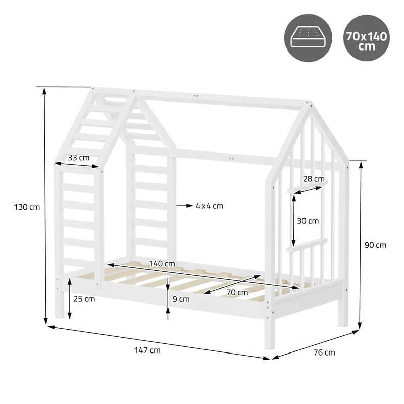 ML-DESIGN | Kinderbett mit Lattenrost aus massivem Kiefernholz 70x140 cm Weiß Hausbett mit Dach & Fenster Montessori Bettgestell für Mädchen & Jungen