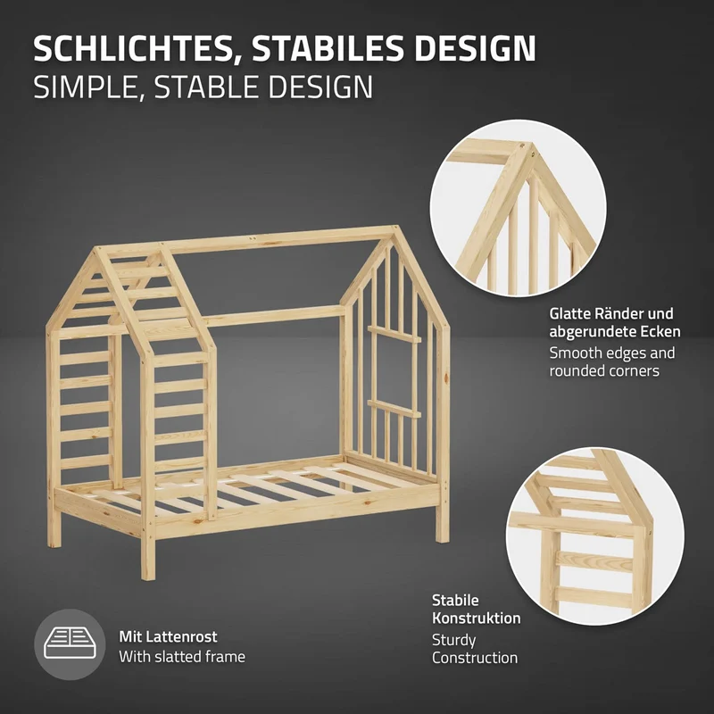 ML-DESIGN | Kinderbett mit Lattenrost aus massivem Kiefernholz 70x140 cm Natur Hausbett mit Dach & Fenster Montessori Bettgestell für Mädchen & Jungen