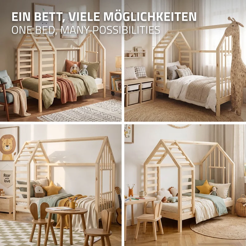 ML-DESIGN | Kinderbett mit Lattenrost aus massivem Kiefernholz 70x140 cm Natur Hausbett mit Dach & Fenster Montessori Bettgestell für Mädchen & Jungen