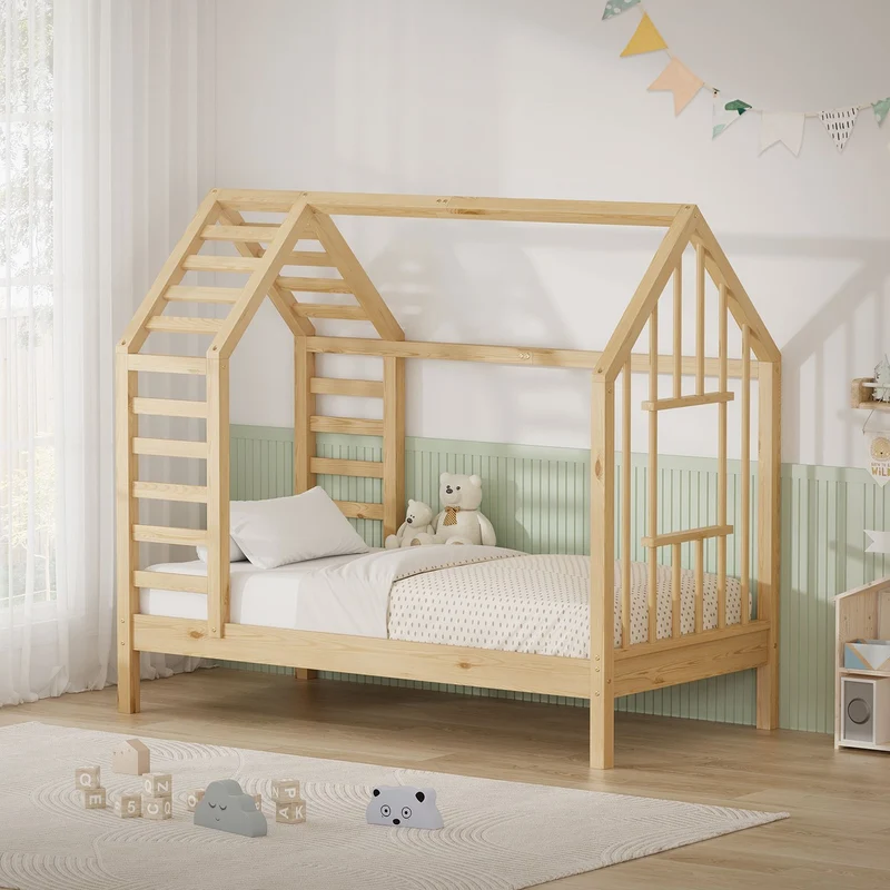 ML-DESIGN | Kinderbett mit Lattenrost aus massivem Kiefernholz 70x140 cm Natur Hausbett mit Dach & Fenster Montessori Bettgestell für Mädchen & Jungen