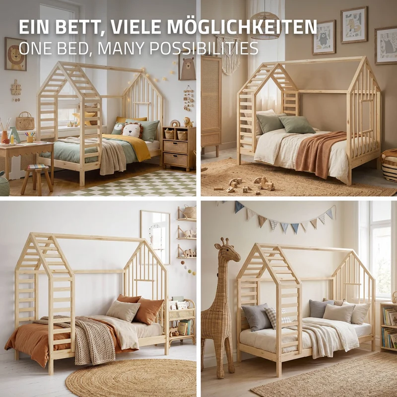 ML-DESIGN | Kinderbett mit Lattenrost aus massivem Kiefernholz 80x160 cm Natur Hausbett mit Dach & Fenster Montessori Bettgestell für Mädchen & Jungen