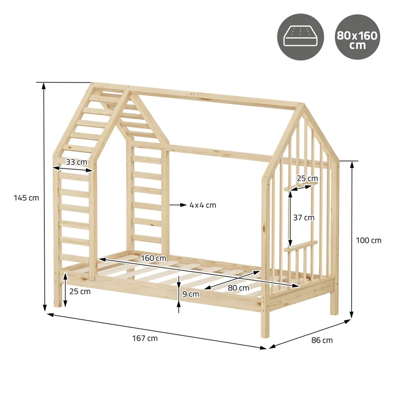 ML-DESIGN | Kinderbett mit Lattenrost aus massivem Kiefernholz 80x160 cm Natur Hausbett mit Dach & Fenster Montessori Bettgestell für Mädchen & Jungen