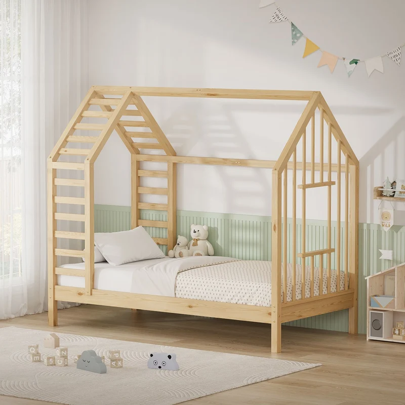 ML-DESIGN | Kinderbett mit Lattenrost aus massivem Kiefernholz 80x160 cm Natur Hausbett mit Dach & Fenster Montessori Bettgestell für Mädchen & Jungen