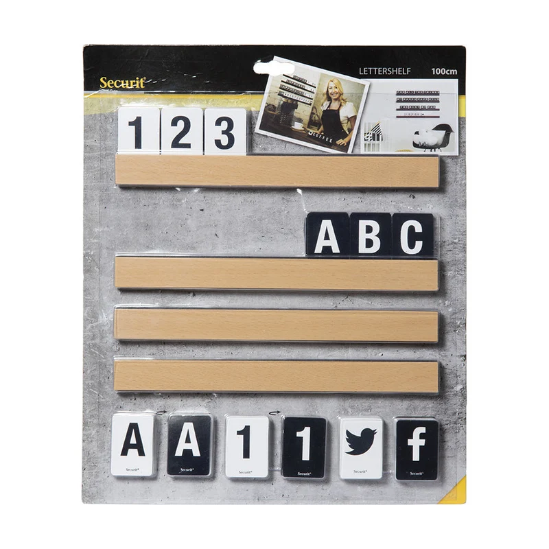 Securit® Buchstabenregal, Teak, 4 Leisten á 25 cm, inkl. Wandmontageset und 169 doppelseitigen Buchstaben-, Zahlen- und Symbolkarten