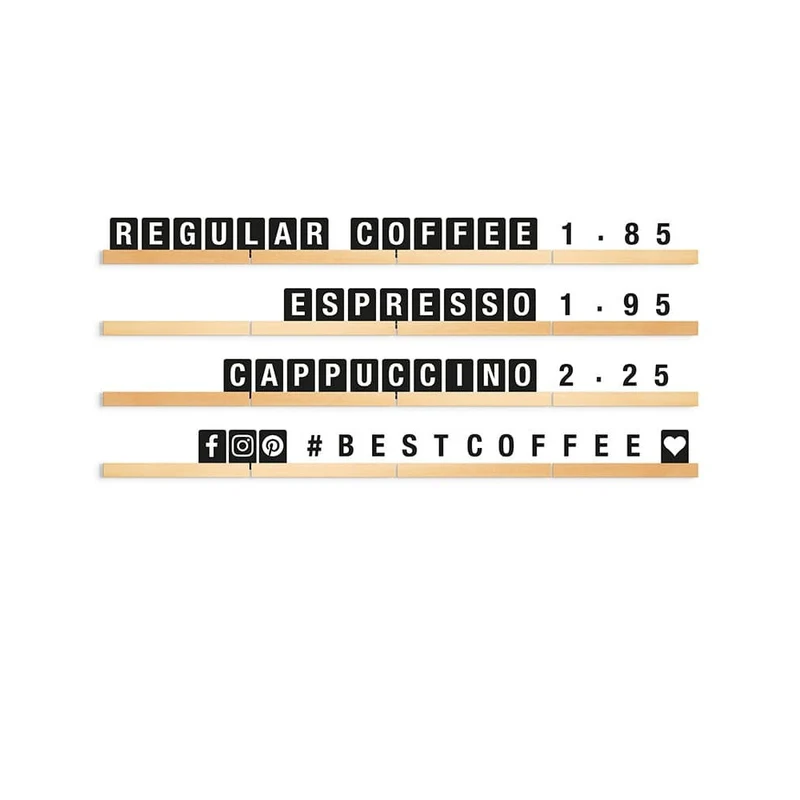 Securit® Buchstabenregal, Teak, 4 Leisten á 25 cm, inkl. Wandmontageset und 169 doppelseitigen Buchstaben-, Zahlen- und Symbolkarten