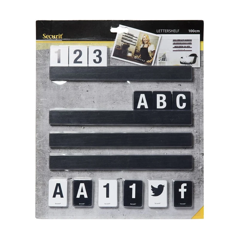 Securit® Buchstabenregal, Schwarz, 4 Leisten á 25 cm, inkl. Wandmontageset und 169 doppelseitigen Buchstaben-, Zahlen- und Symbolkarten